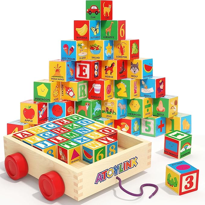 Atoylink ABC Wooden Building Blocks for Toddlers 1-3, 30 Pcs Alphabet